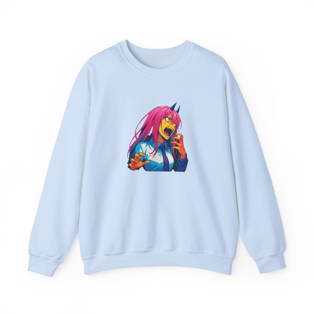Fierce Pink Hair Anime Warrior Crewneck Sweatshirt - alternate angle 2, merchandise