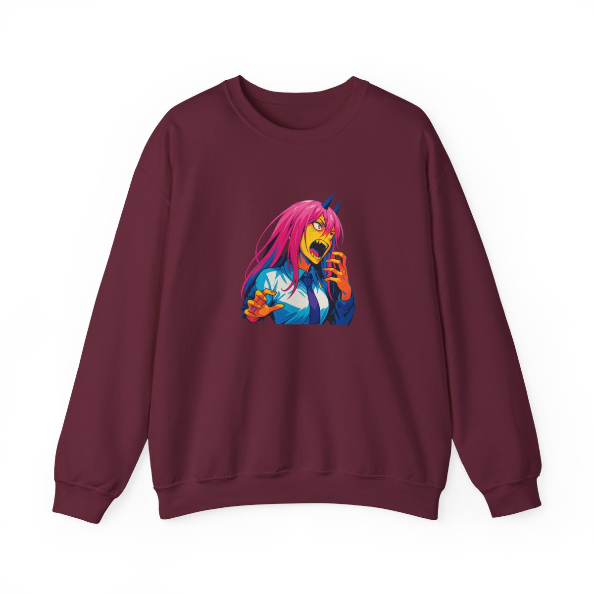 Fierce Pink Hair Anime Warrior Crewneck Sweatshirt - alternate angle 3, merchandise