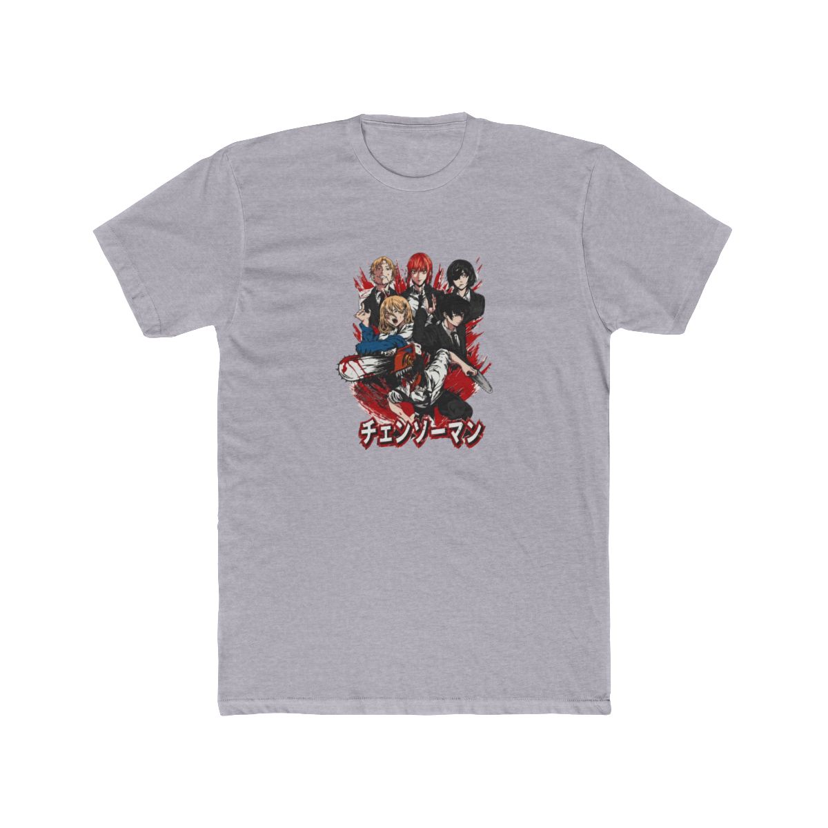 Grey T Shirt with a graphic of anime characters, red accents, and Japanese text. The design features a chainsaw and figures in suits and casual wear. The shirt is made of a soft material - alternate angle 2, merchandise