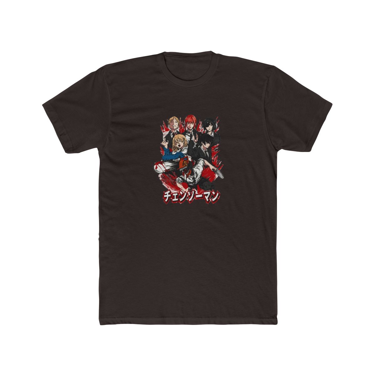 Grey T Shirt with a graphic of anime characters, red accents, and Japanese text. The design features a chainsaw and figures in suits and casual wear. The shirt is made of a soft material