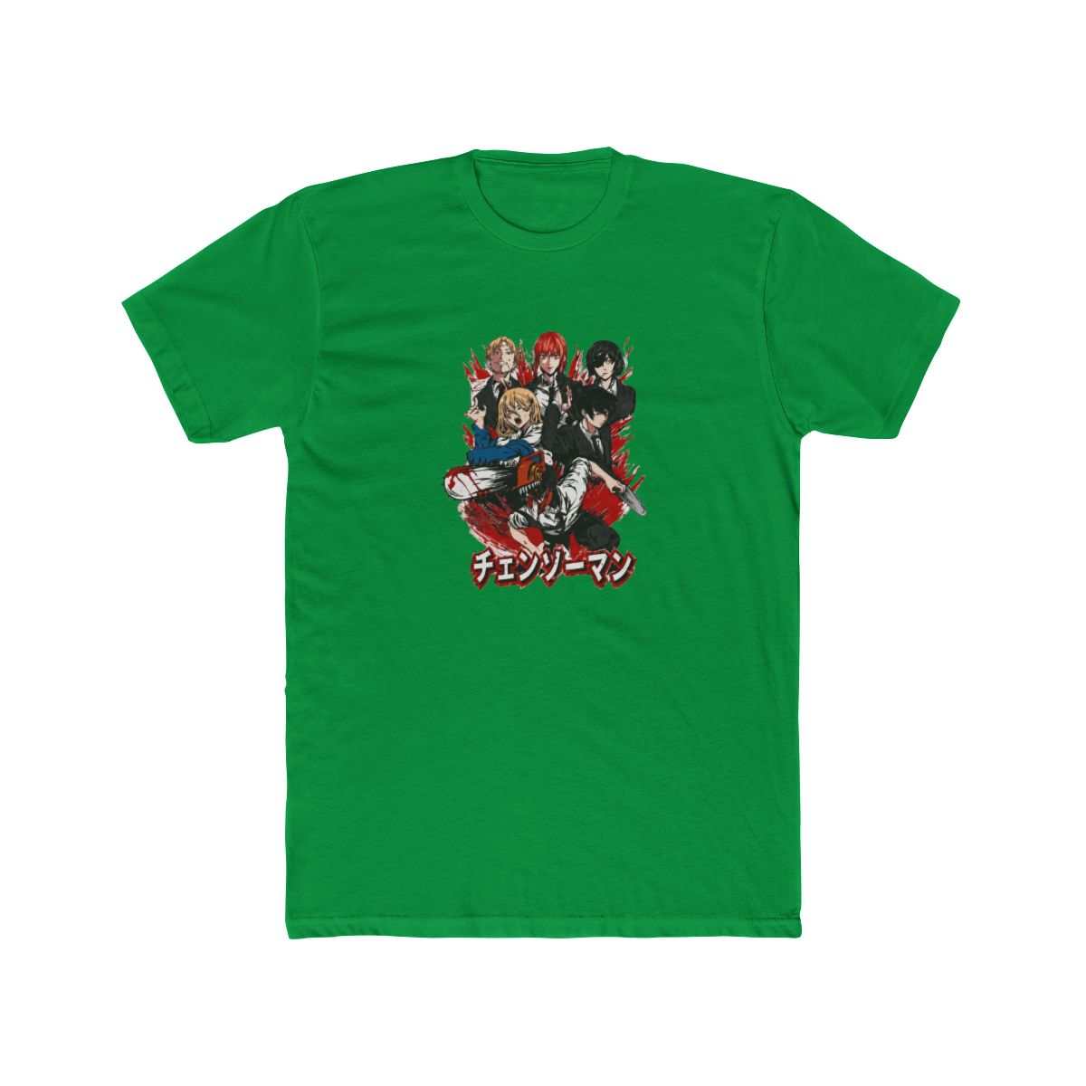 Grey T Shirt with a graphic of anime characters, red accents, and Japanese text. The design features a chainsaw and figures in suits and casual wear. The shirt is made of a soft material - alternate angle 4, merchandise