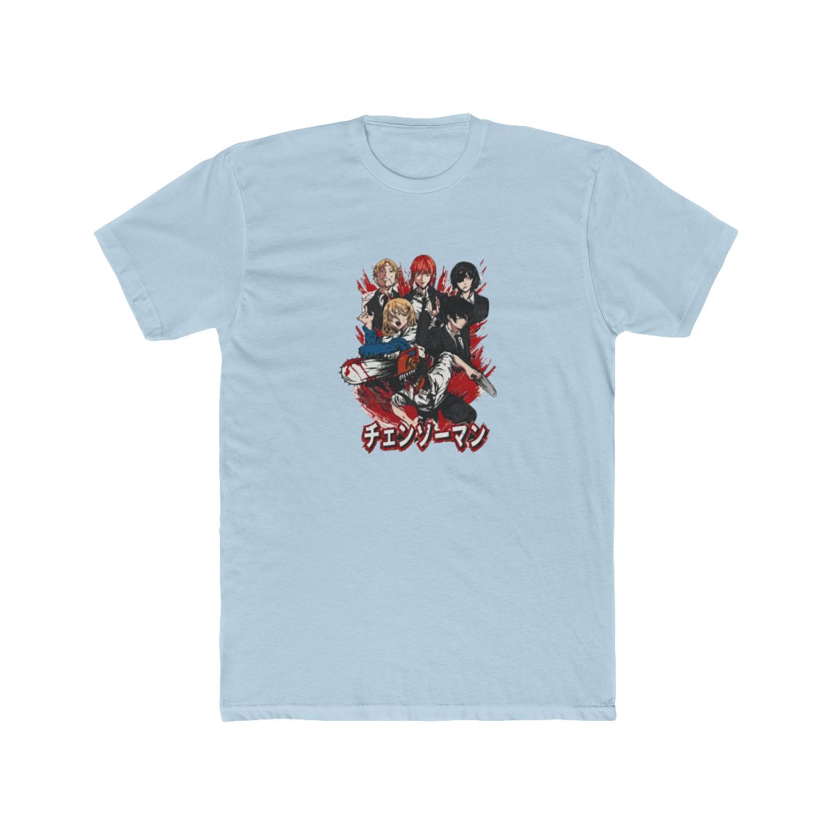 Grey T Shirt with a graphic of anime characters, red accents, and Japanese text. The design features a chainsaw and figures in suits and casual wear. The shirt is made of a soft material - alternate angle 5, merchandise