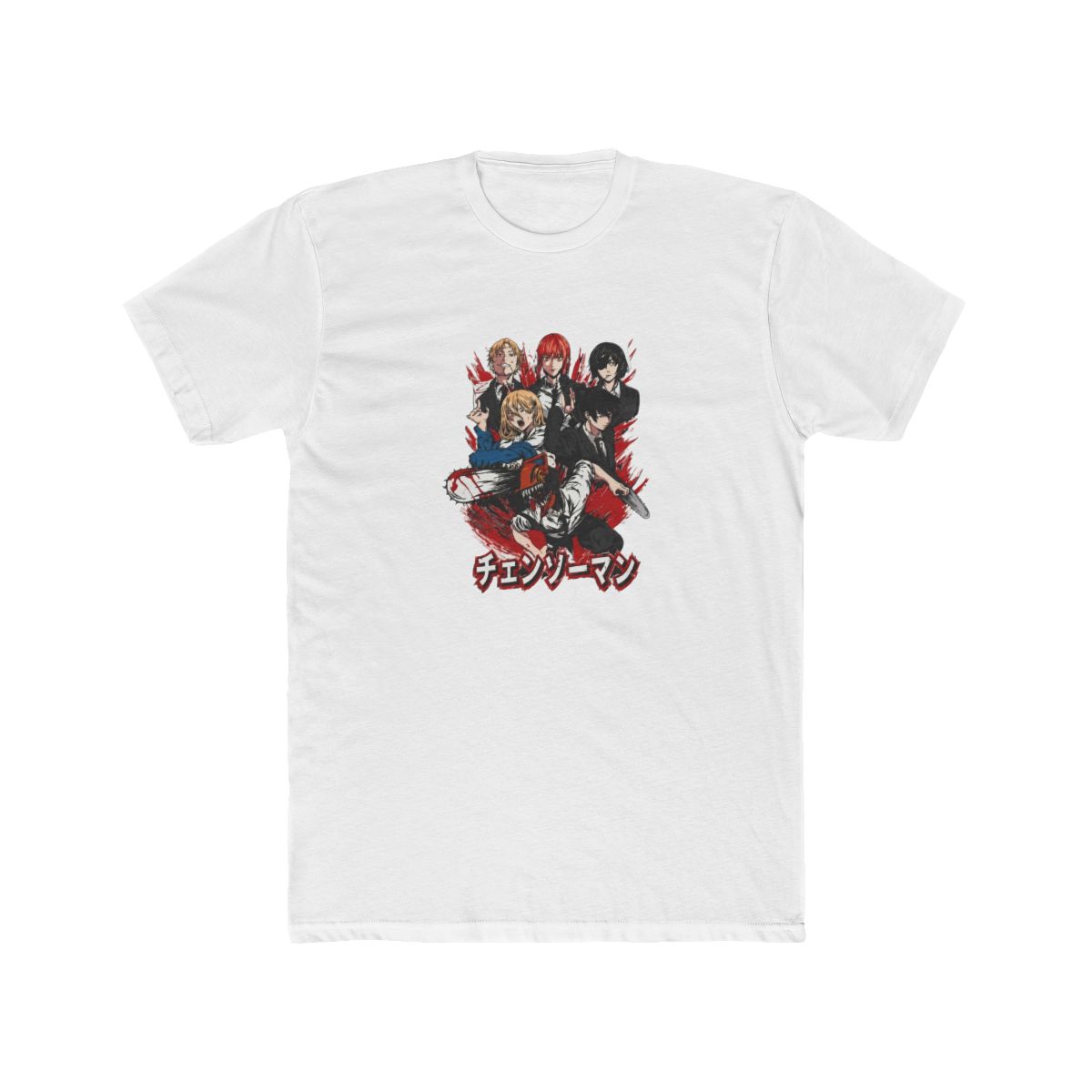 Grey T Shirt with a graphic of anime characters, red accents, and Japanese text. The design features a chainsaw and figures in suits and casual wear. The shirt is made of a soft material