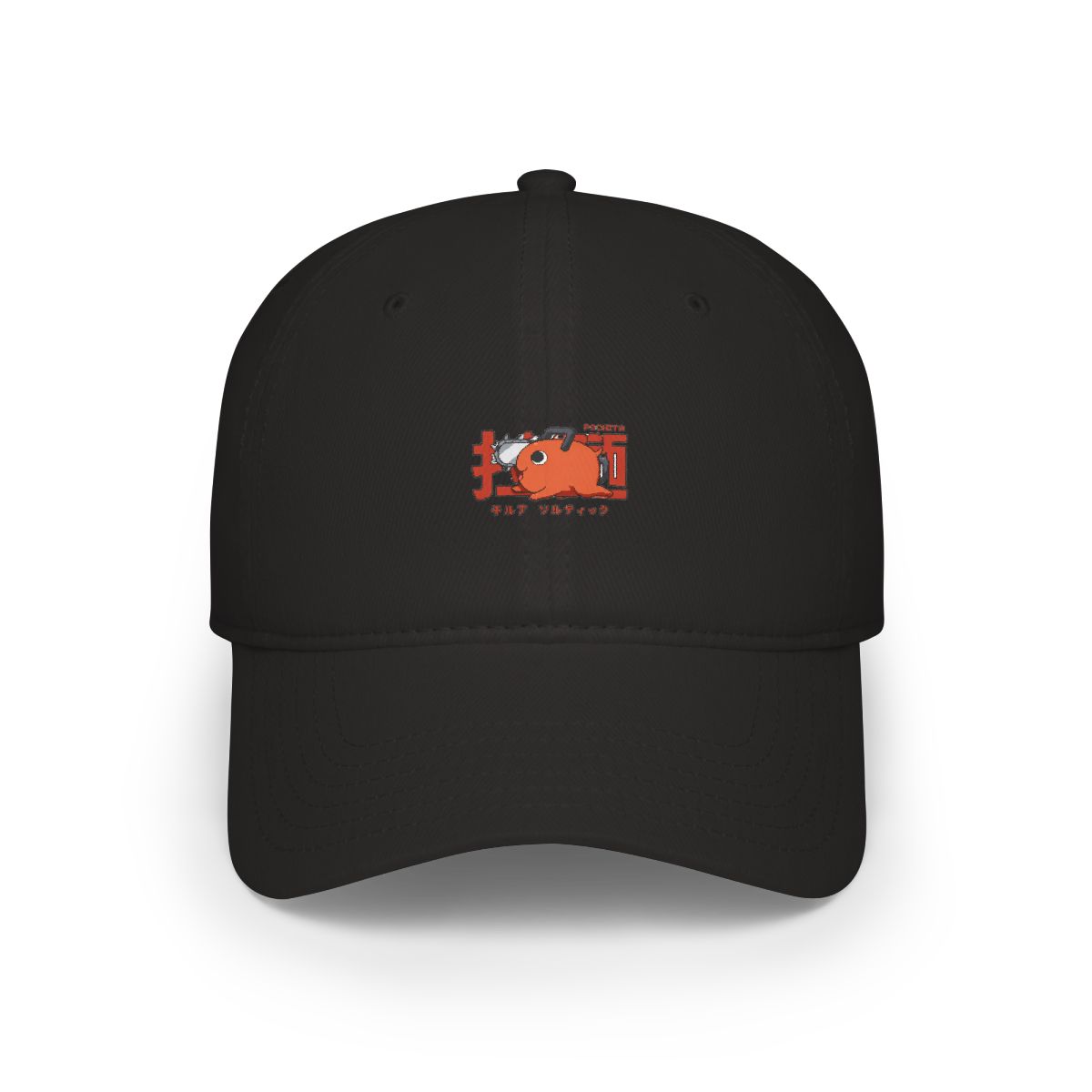A dark grey baseball cap with a cartoon chainsaw character in red and orange, and Japanese text. The cap has a curved peak and an adjustable strap