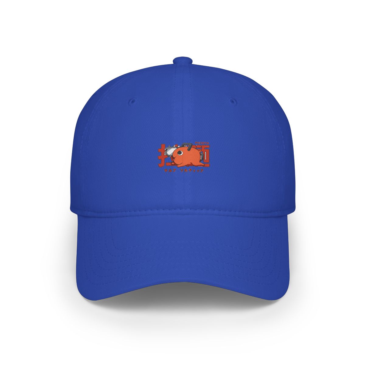 A dark grey baseball cap with a cartoon chainsaw character in red and orange, and Japanese text. The cap has a curved peak and an adjustable strap - alternate angle 5, merchandise