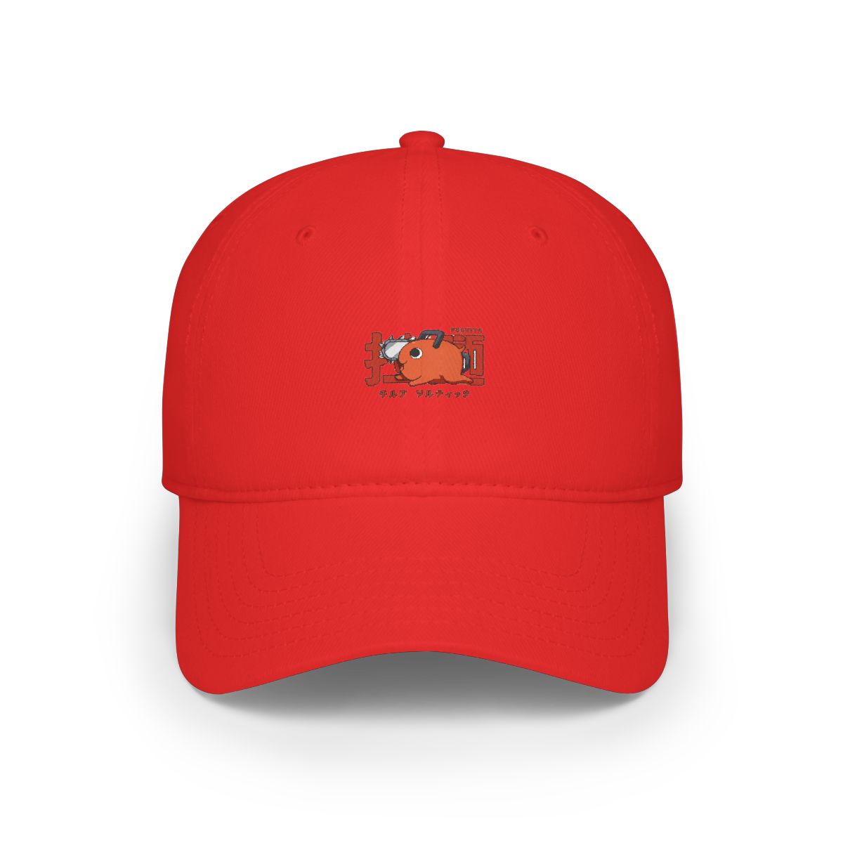 A dark grey baseball cap with a cartoon chainsaw character in red and orange, and Japanese text. The cap has a curved peak and an adjustable strap - Official Hats & Caps merchandise
