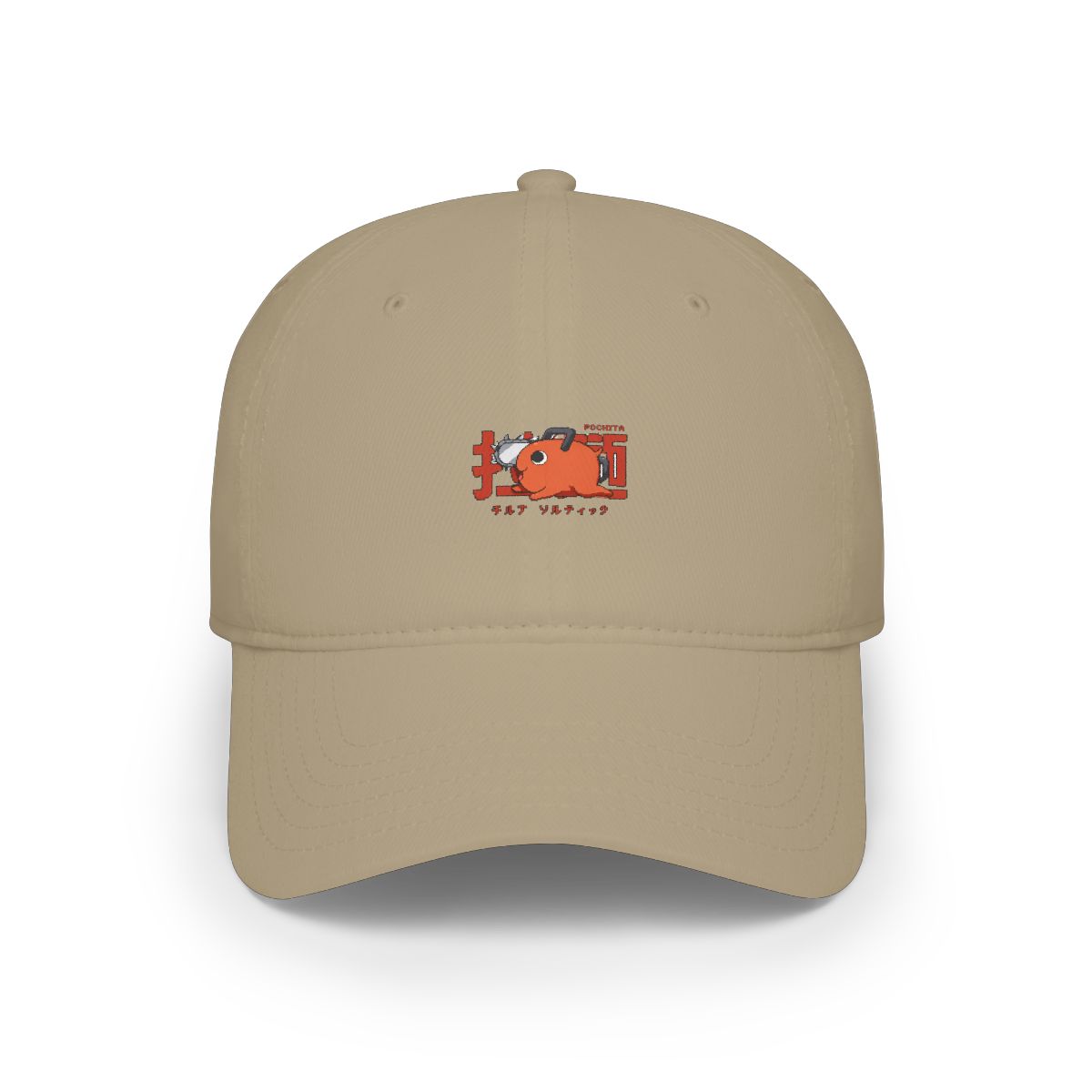 A dark grey baseball cap with a cartoon chainsaw character in red and orange, and Japanese text. The cap has a curved peak and an adjustable strap - alternate angle 3, merchandise