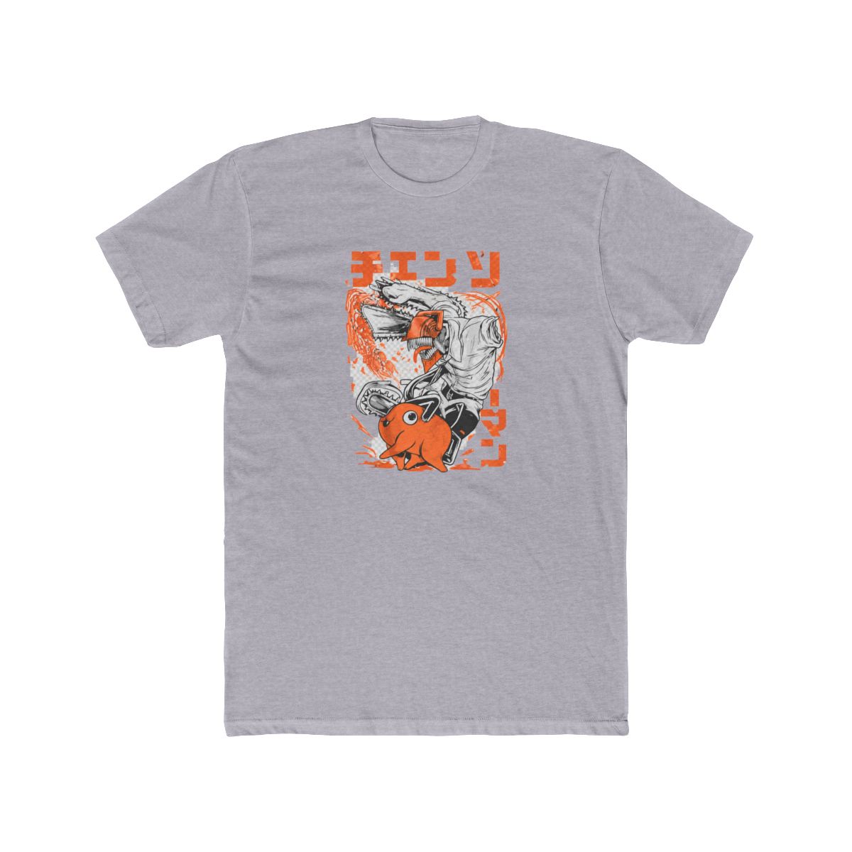 Black T Shirt with an orange and white graphic of a chainsaw-wielding character and a small orange creature. Japanese text is included in the design. The T Shirt is hanging on a black hanger