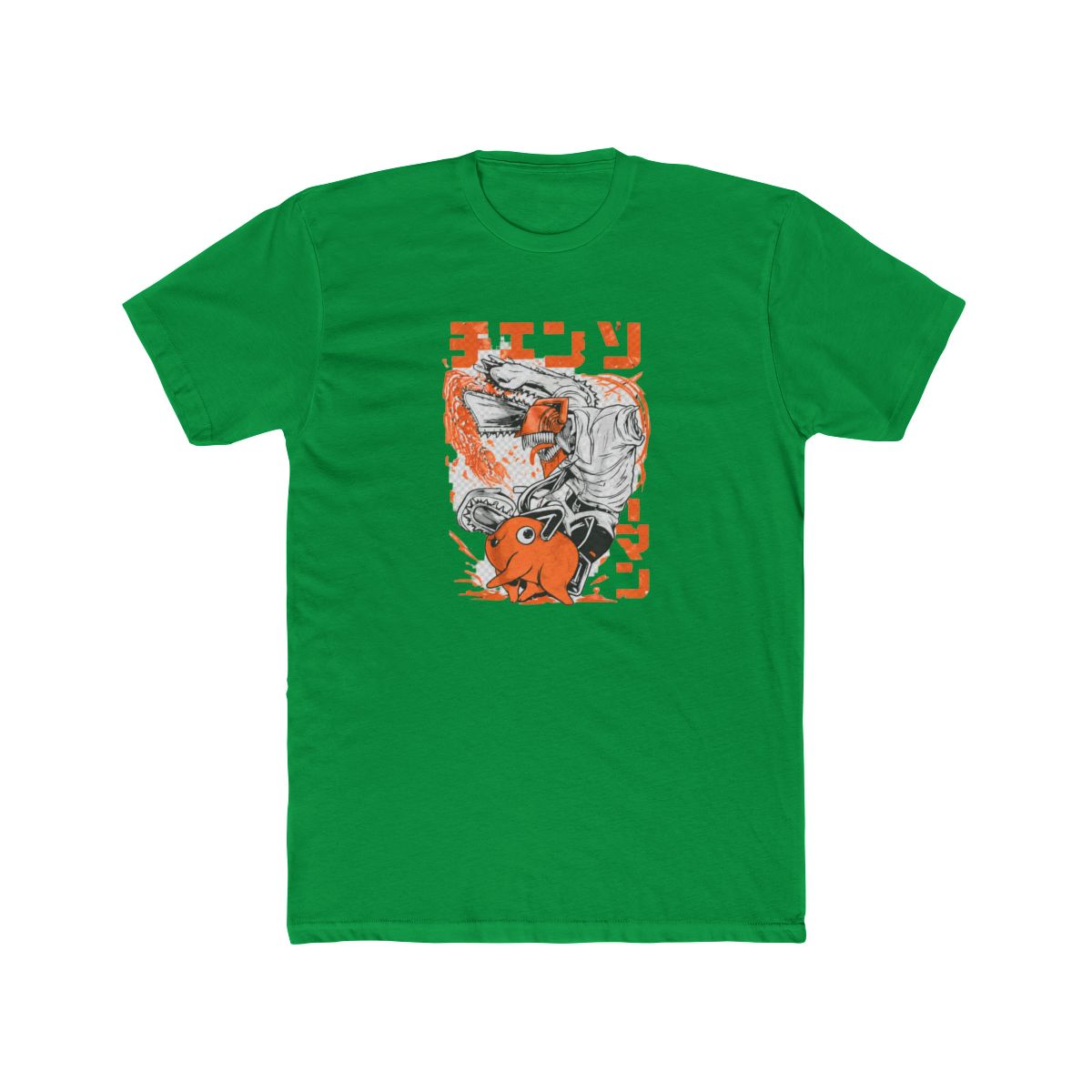 Black T Shirt with an orange and white graphic of a chainsaw-wielding character and a small orange creature. Japanese text is included in the design. The T Shirt is hanging on a black hanger - alternate angle 4, merchandise
