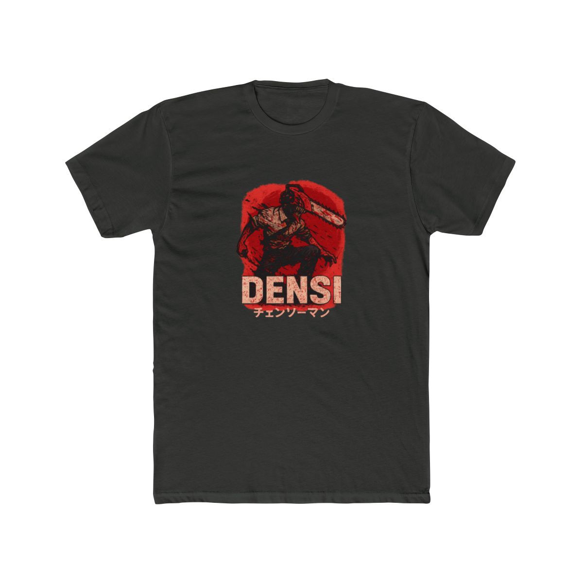 Dark grey T Shirt with a graphic of a chainsaw-wielding character against a red background. The word "DENJI" is in a bold, blood-red font, with Japanese text below. The shirt has a vintage, washed...