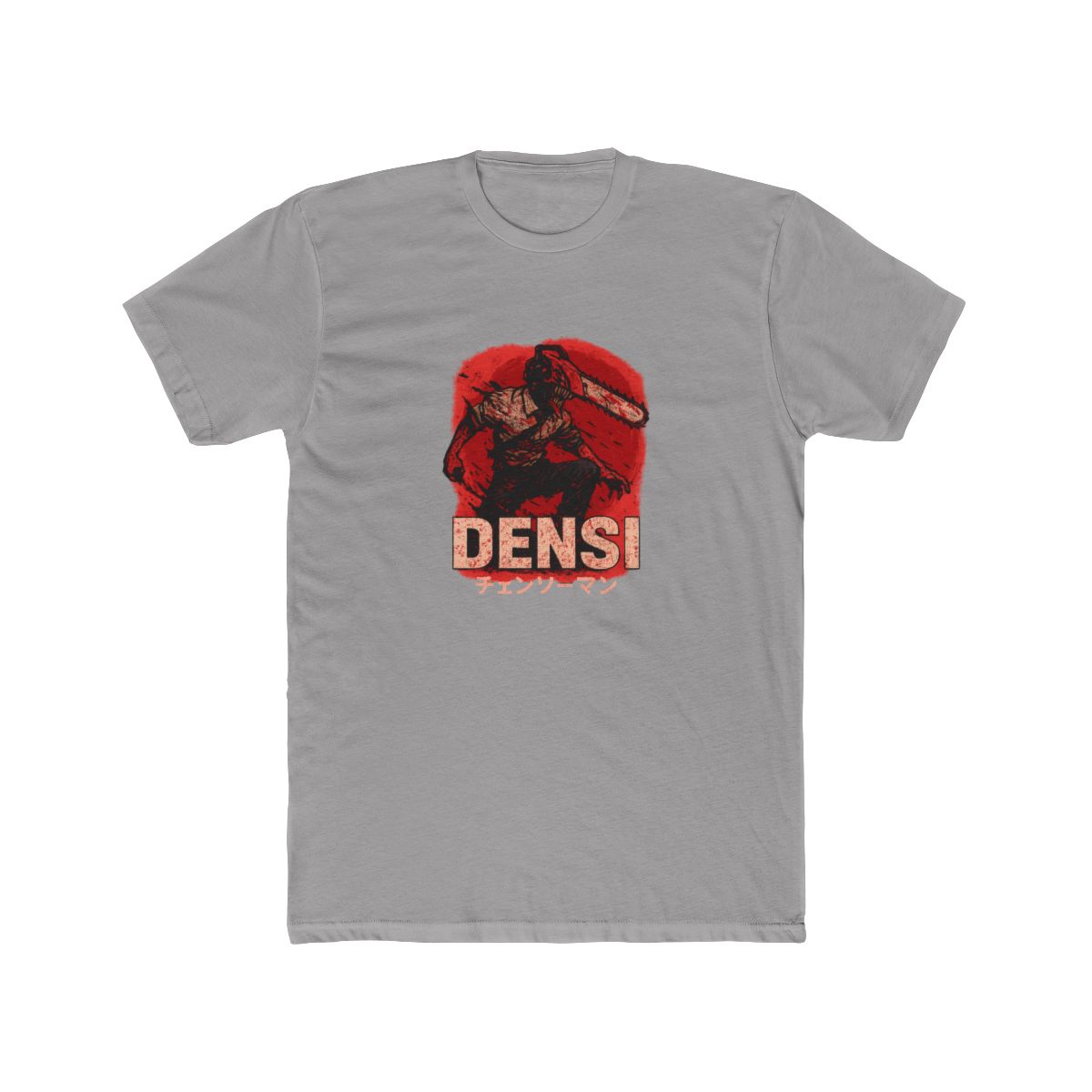 Dark grey T Shirt with a graphic of a chainsaw-wielding character against a red background. The word "DENJI" is in a bold, blood-red font, with Japanese text below. The shirt has a vintage, washed...