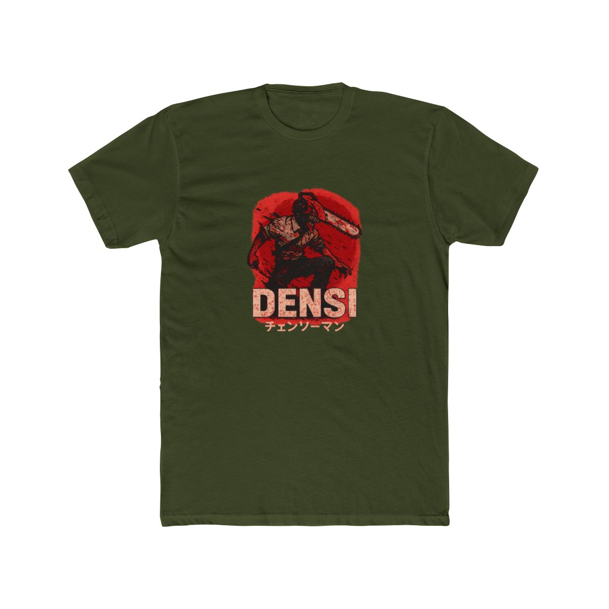 Dark grey T Shirt with a graphic of a chainsaw-wielding character against a red background. The word "DENJI" is in a bold, blood-red font, with Japanese text below. The shirt has a vintage, washed... - alternate angle 5, merchandise