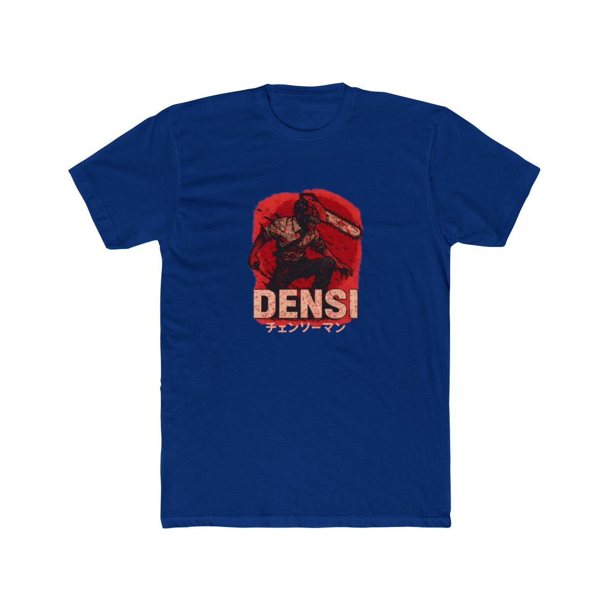 Dark grey T Shirt with a graphic of a chainsaw-wielding character against a red background. The word "DENJI" is in a bold, blood-red font, with Japanese text below. The shirt has a vintage, washed... - alternate angle 2, merchandise