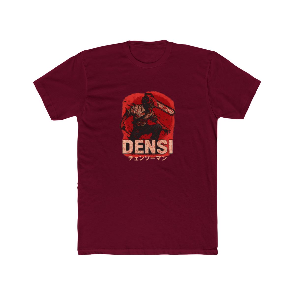 Dark grey T Shirt with a graphic of a chainsaw-wielding character against a red background. The word "DENJI" is in a bold, blood-red font, with Japanese text below. The shirt has a vintage, washed... - alternate angle 3, merchandise