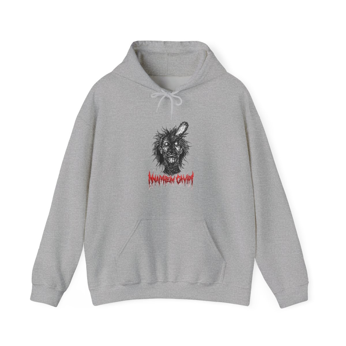 Black hoodie featuring a graphic of a zombie with a chainsaw in its head, and the text "MAYHEM CAVITY" in red. The hood has red spikes around the edge - Official Hoodies merchandise