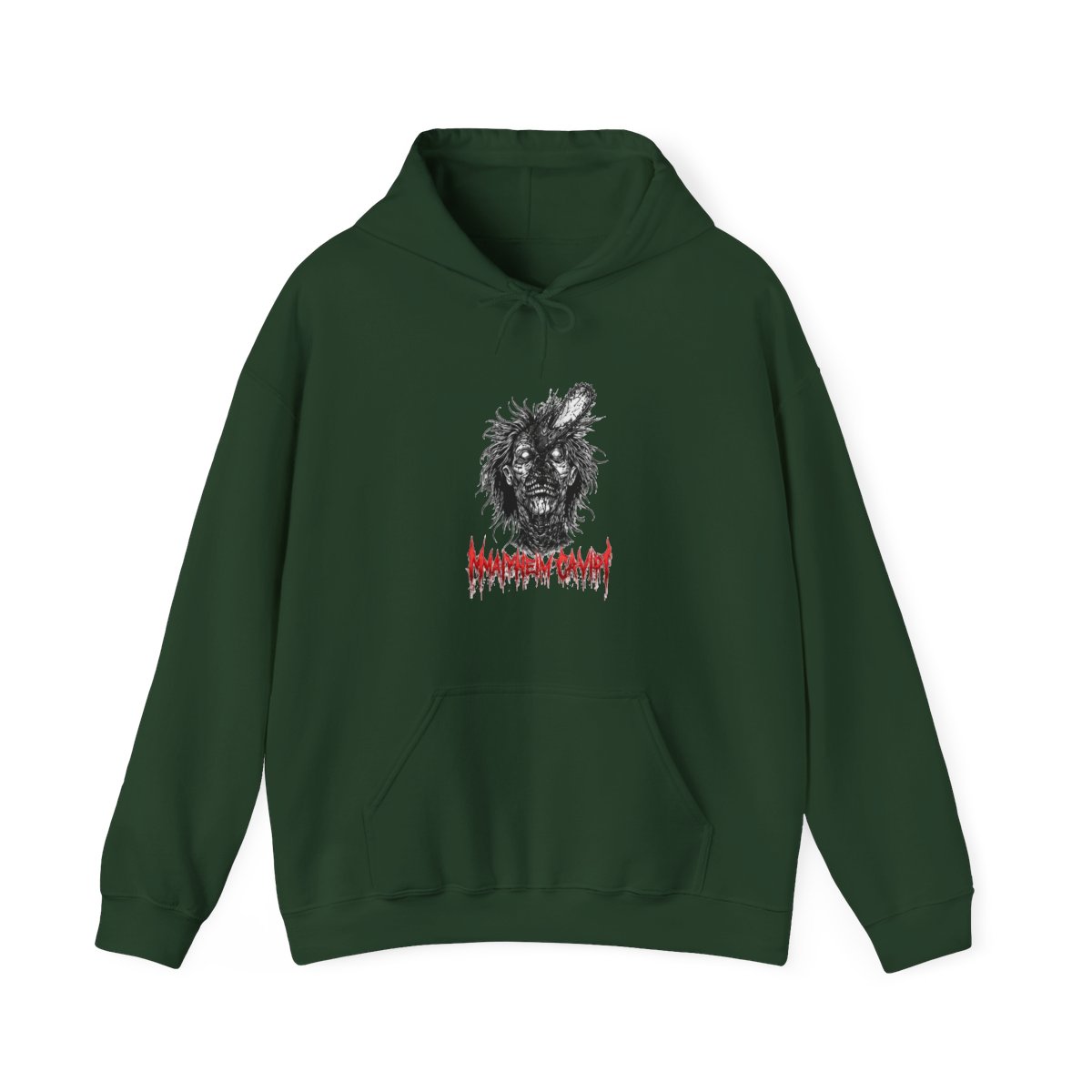 Black hoodie featuring a graphic of a zombie with a chainsaw in its head, and the text "MAYHEM CAVITY" in red. The hood has red spikes around the edge