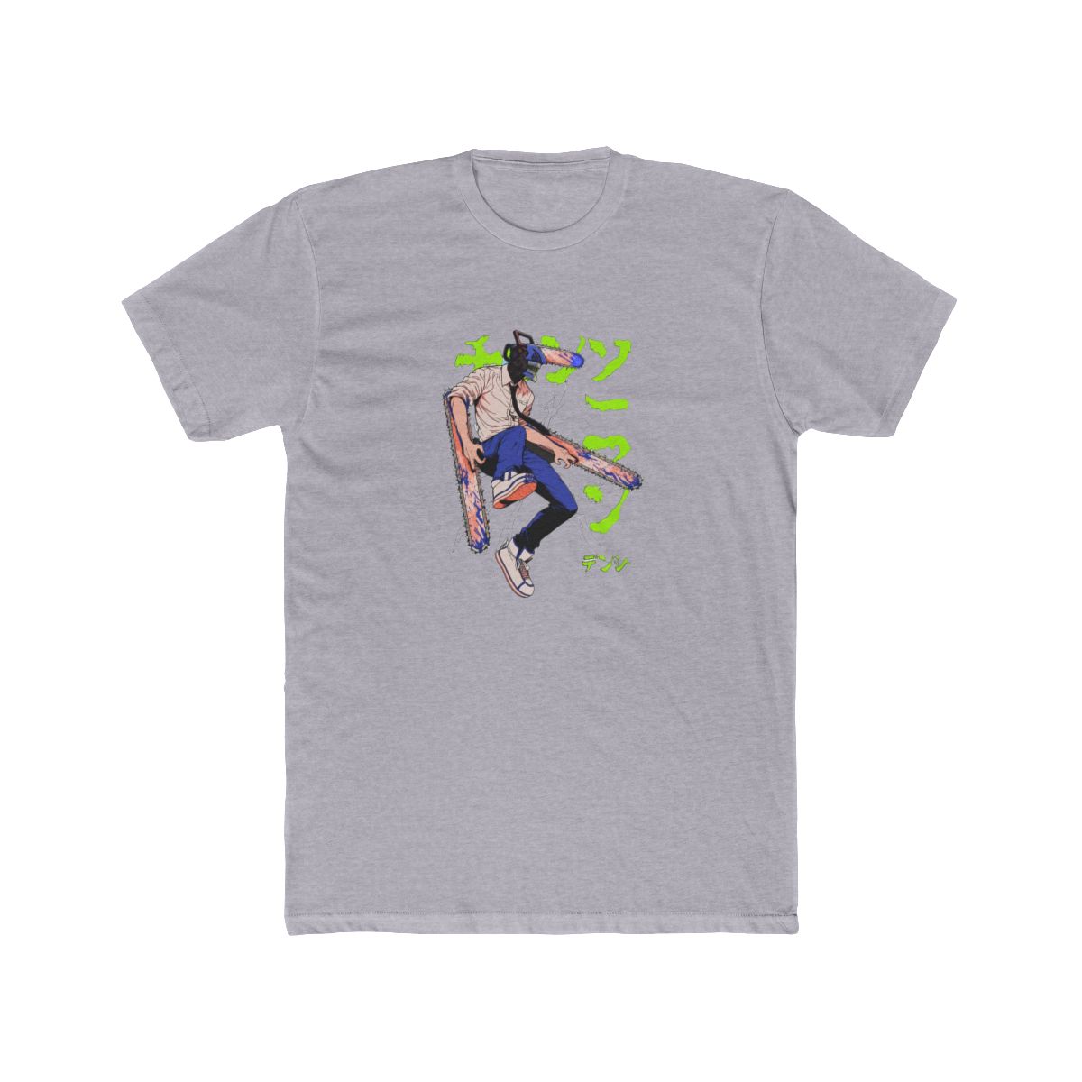 Black T Shirt with a graphic of a chainsaw-headed character wielding two chainsaws. The character wears a white shirt, blue trousers, and trainers. Japanese text is in neon green - alternate angle 4, merchandise