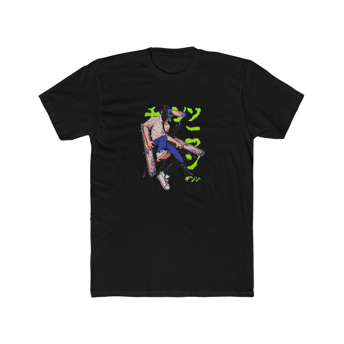 Black T Shirt with a graphic of a chainsaw-headed character wielding two chainsaws. The character wears a white shirt, blue trousers, and trainers. Japanese text is in neon green