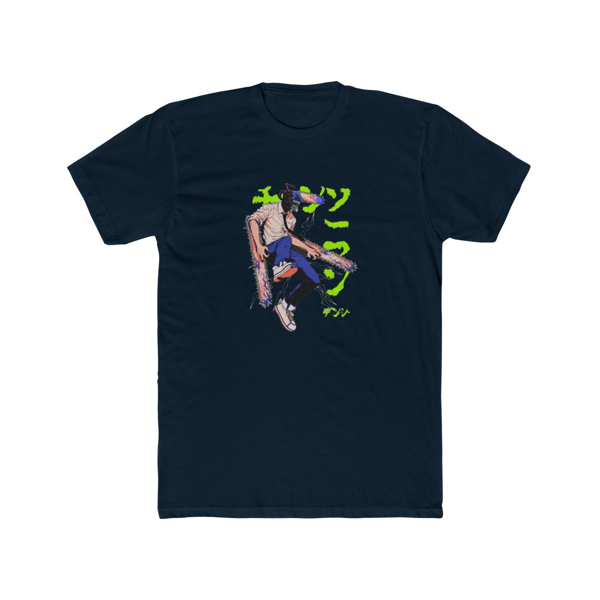Black T Shirt with a graphic of a chainsaw-headed character wielding two chainsaws. The character wears a white shirt, blue trousers, and trainers. Japanese text is in neon green - alternate angle 2, merchandise