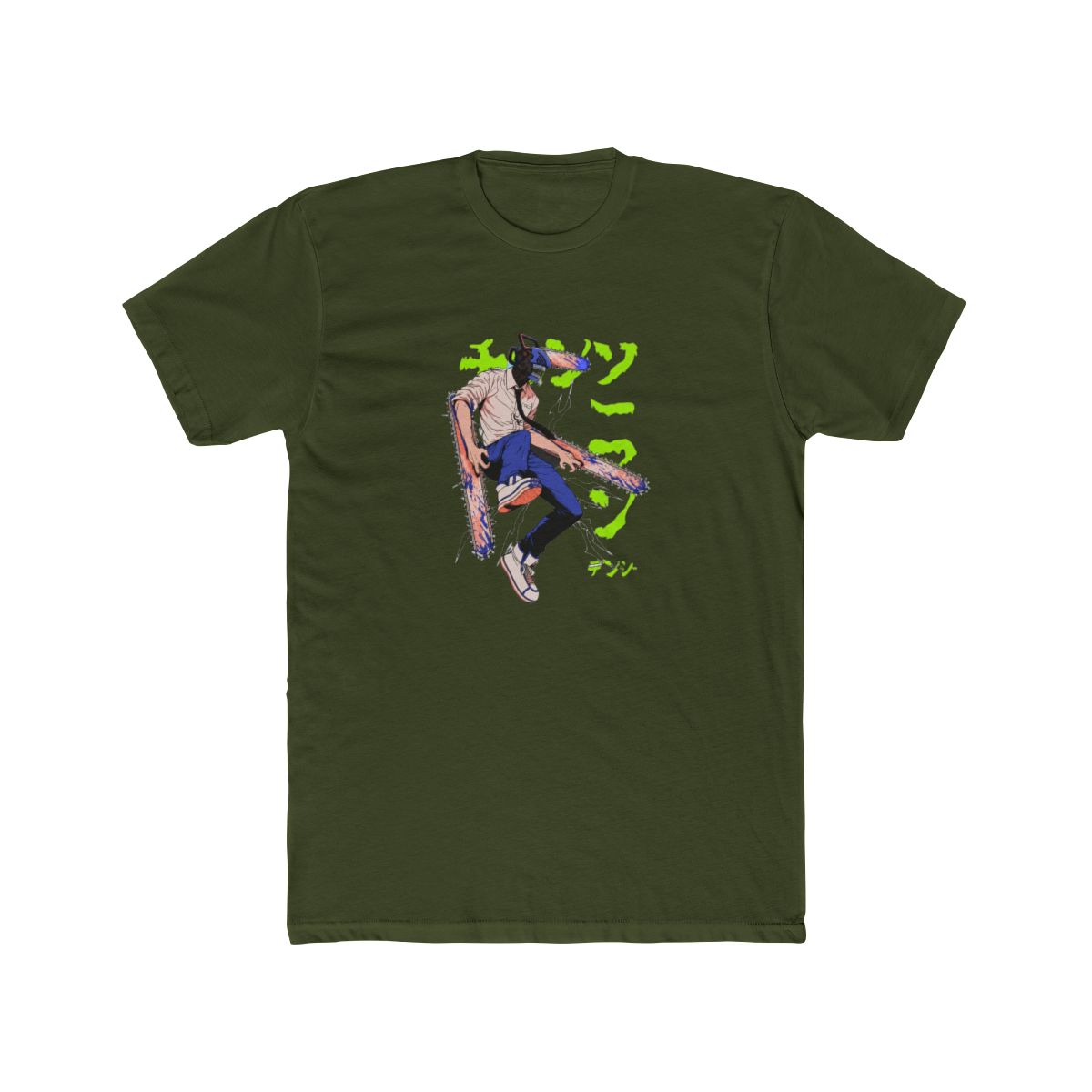 Black T Shirt with a graphic of a chainsaw-headed character wielding two chainsaws. The character wears a white shirt, blue trousers, and trainers. Japanese text is in neon green - alternate angle 5, merchandise